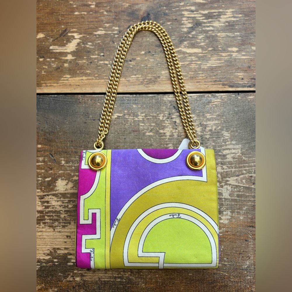 Vintage 70s Emilio Pucci Silk Gold Chain Handbag - Picture 7 of 12